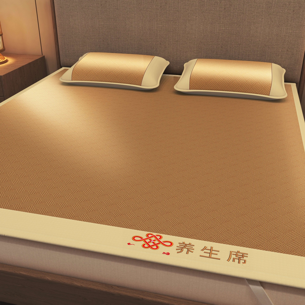 91家纺网 家纺一手货源 找家纺 小桃姐家纺 2025新款舒适艾草刺绣藤席养身席单面席中国风凉席席子 吉祥结-饼干格