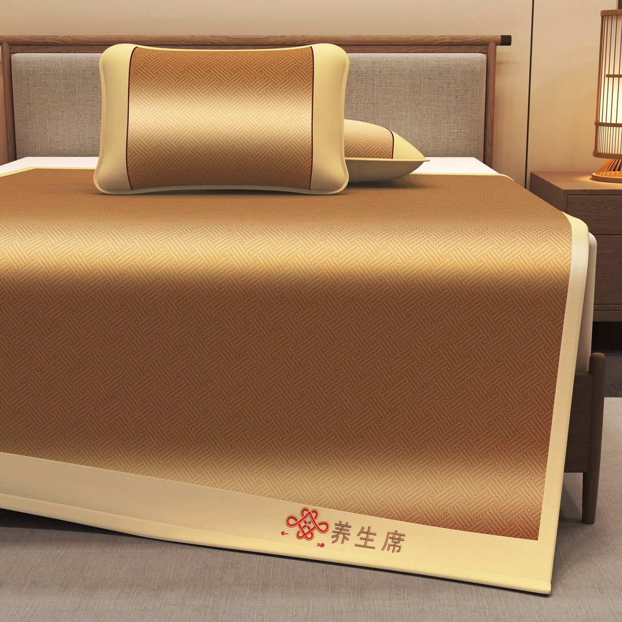 91家纺网 家纺一手货源 找家纺 小桃姐家纺 2025新款舒适艾草刺绣藤席养身席单面席中国风凉席席子 吉祥结-饼干格