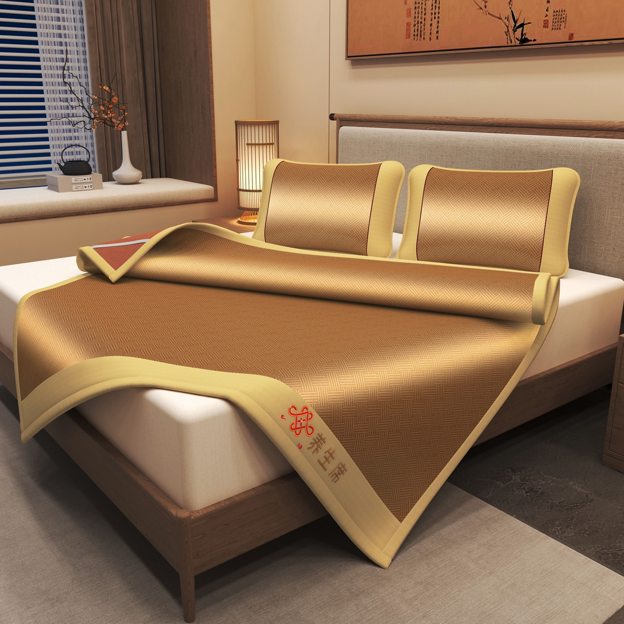 91家纺网 家纺一手货源 找家纺 小桃姐家纺 2025新款舒适艾草刺绣藤席养身席单面席中国风凉席席子 吉祥结-饼干格