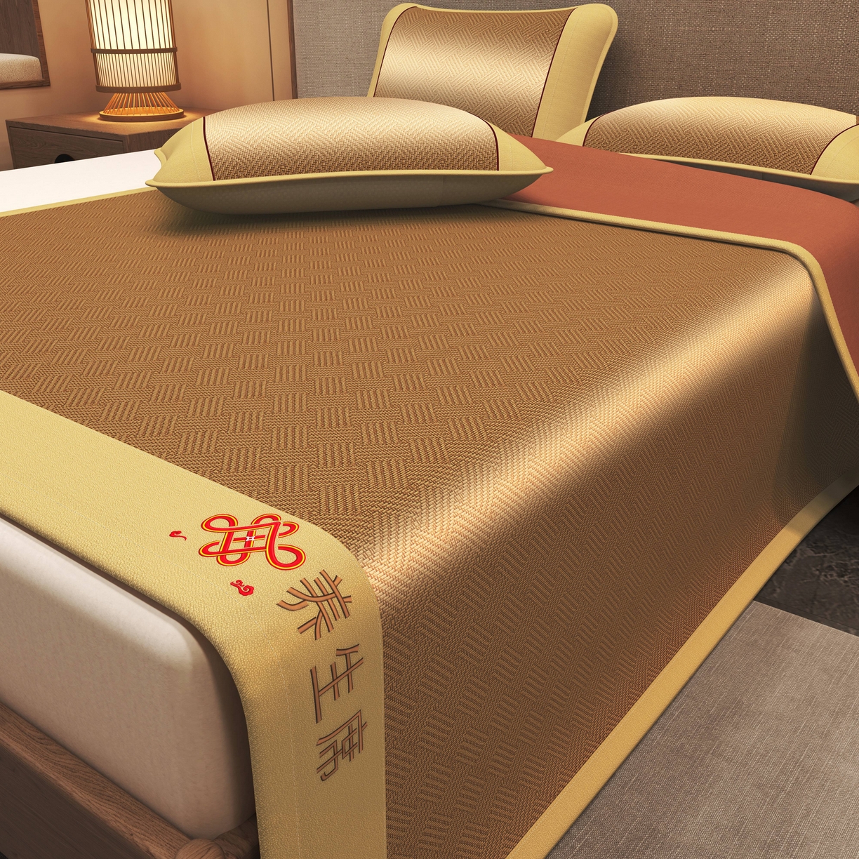 91家纺网 家纺一手货源 找家纺 小桃姐家纺 2025新款舒适艾草刺绣藤席养身席单面席中国风凉席席子 吉祥结-饼干格