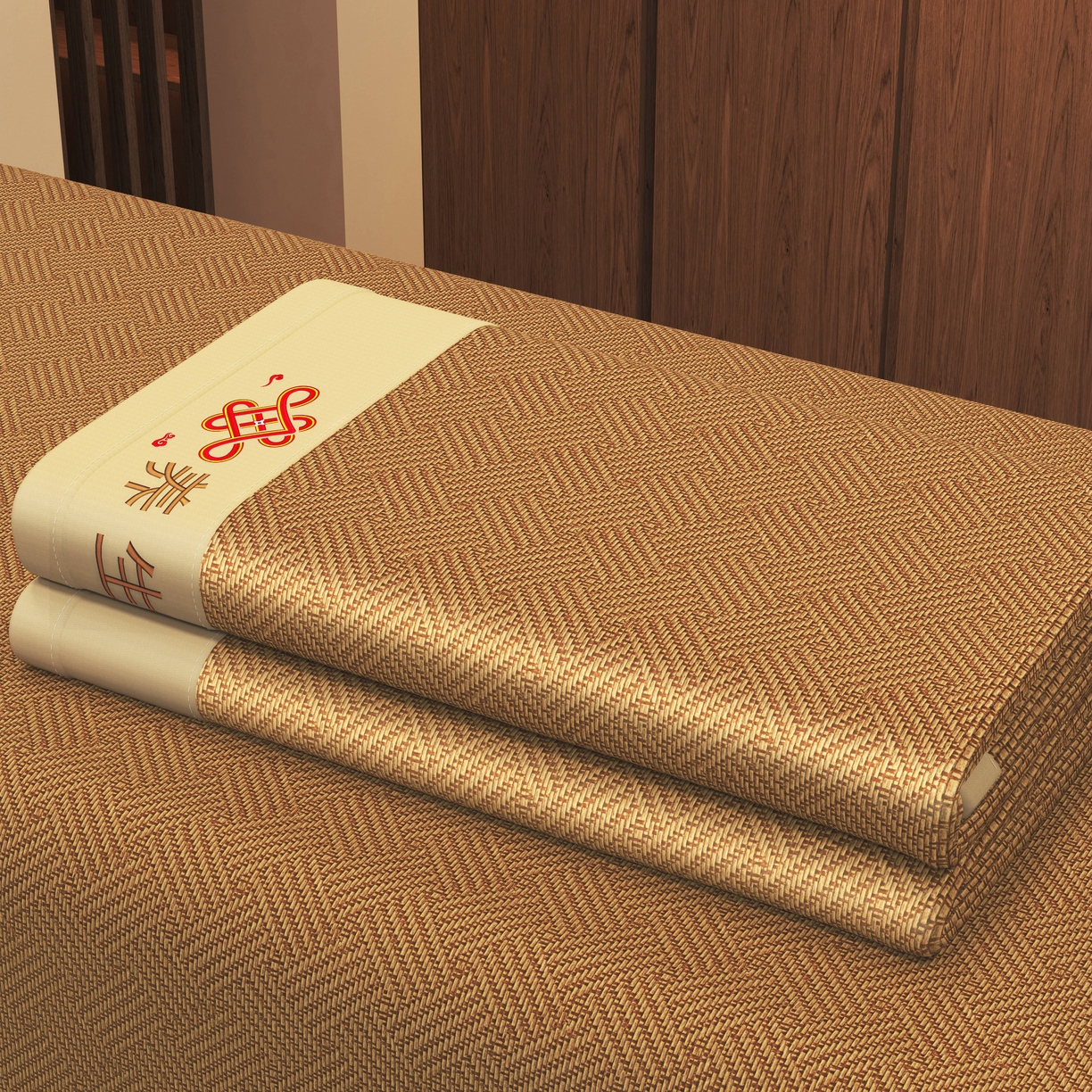 91家纺网 家纺一手货源 找家纺 小桃姐家纺 2025新款舒适艾草刺绣藤席养身席单面席中国风凉席席子 吉祥结-饼干格