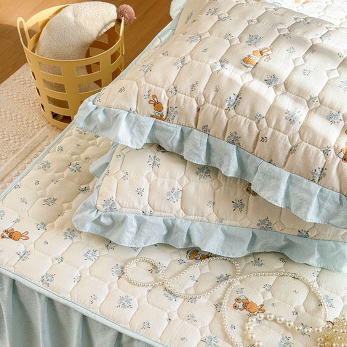 91家纺网 家纺一手货源 找家纺 禧缘家纺（原梦想家） 2026新款小清新皱皱纱木棉床裙式床笠印花单枕套 兔兔