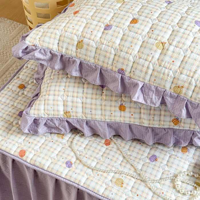 91家纺网 家纺一手货源 找家纺 禧缘家纺（原梦想家） 2026新款小清新皱皱纱木棉床裙式床笠印花单枕套 南瓜