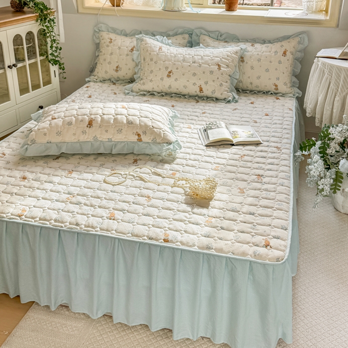 91家纺网 家纺一手货源 找家纺 禧缘家纺（原梦想家） 2026新款小清新皱皱纱木棉床裙式床笠印花单枕套 兔兔