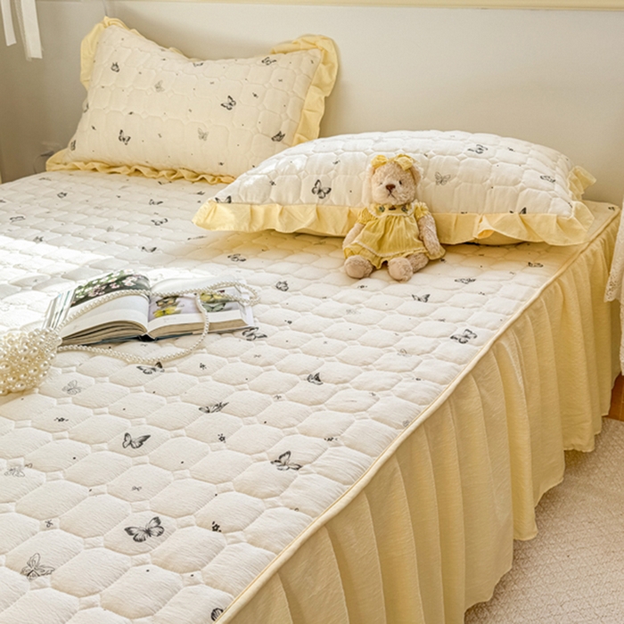 91家纺网 家纺一手货源 找家纺 禧缘家纺（原梦想家） 2026新款小清新皱皱纱木棉床裙式床笠印花单枕套 蝶梦