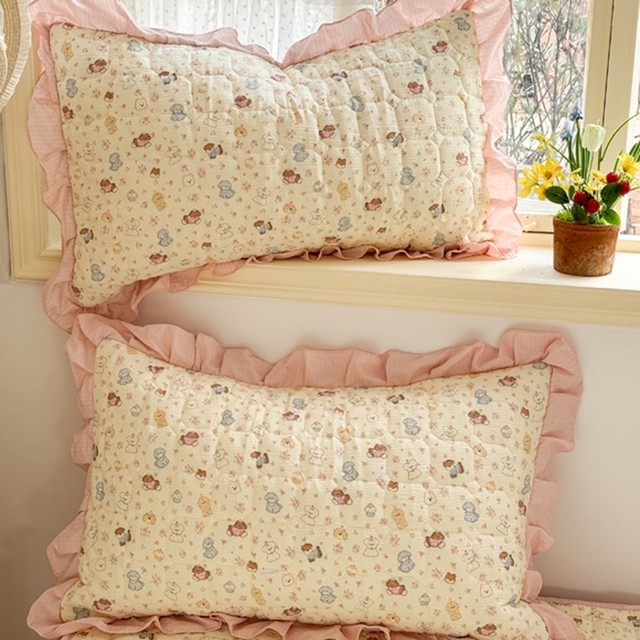 禧缘家纺（原梦想家） 2026新款小清新皱皱纱木棉床裙式床笠印花单枕套 泡芙