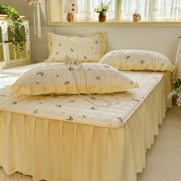 91家纺网 家纺一手货源 找家纺 禧缘家纺（原梦想家） 2026新款小清新皱皱纱木棉床裙式床笠印花单枕套 蝶梦