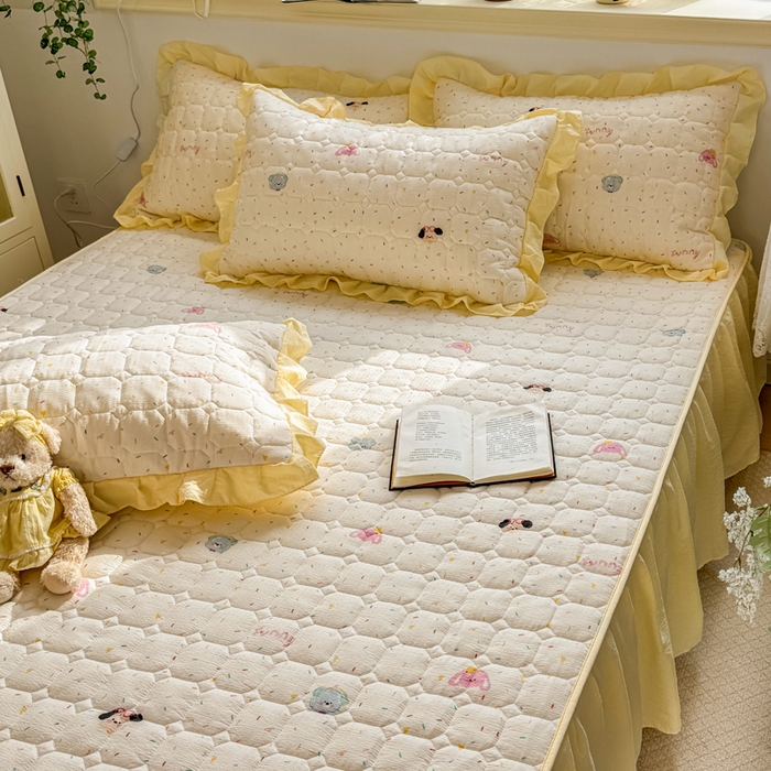 91家纺网 家纺一手货源 找家纺 禧缘家纺（原梦想家） 2026新款小清新皱皱纱木棉床裙式床笠印花单枕套 甜筒