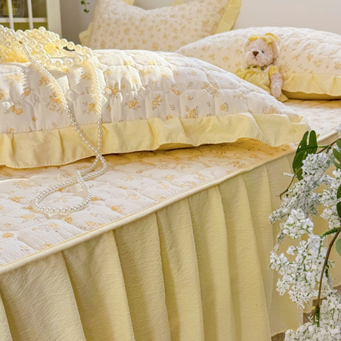 91家纺网 家纺一手货源 找家纺 禧缘家纺（原梦想家） 2026新款小清新皱皱纱木棉床裙式床笠印花单枕套 沐春