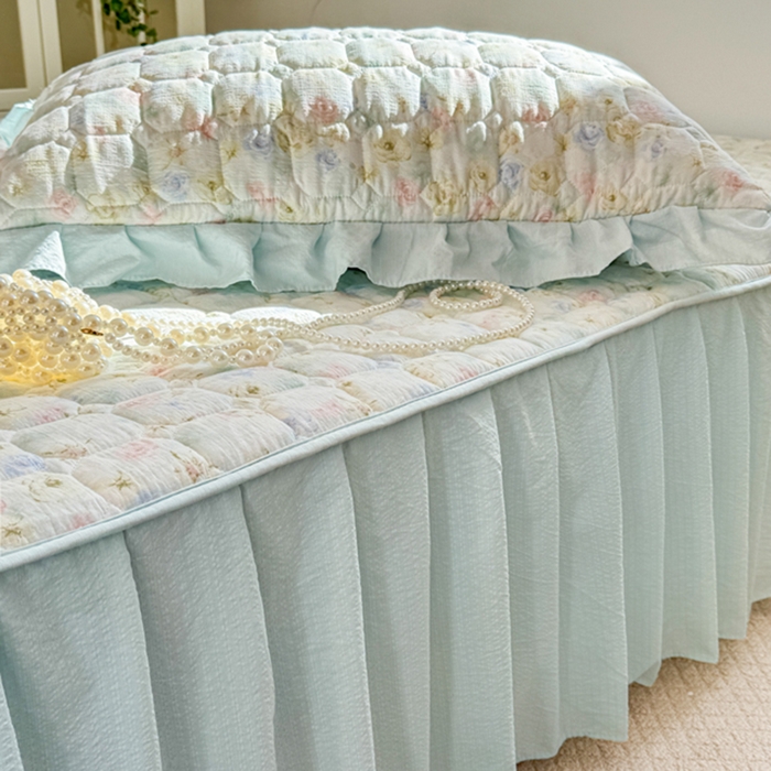 91家纺网 家纺一手货源 找家纺 禧缘家纺（原梦想家） 2026新款小清新皱皱纱木棉床裙式床笠印花单枕套 月光