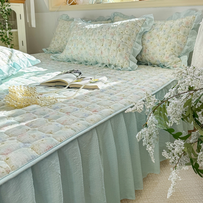 91家纺网 家纺一手货源 找家纺 禧缘家纺（原梦想家） 2026新款小清新皱皱纱木棉床裙式床笠印花单枕套 月光