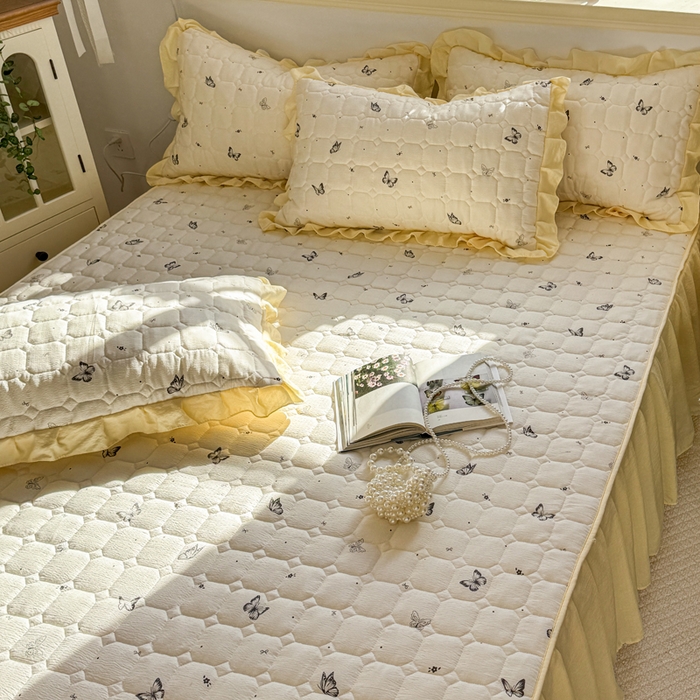 91家纺网 家纺一手货源 找家纺 禧缘家纺（原梦想家） 2026新款小清新皱皱纱木棉床裙式床笠印花单枕套 蝶梦