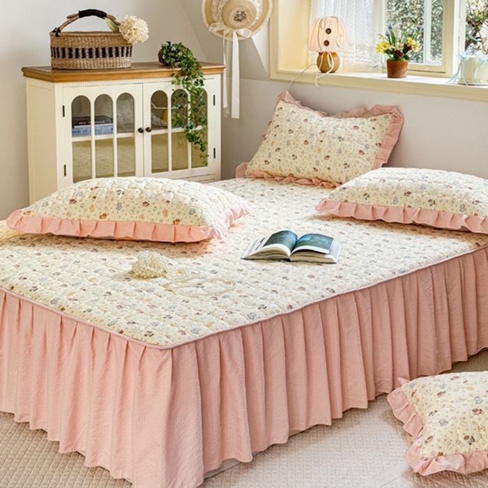 91家纺网 家纺一手货源 找家纺 禧缘家纺（原梦想家） 2026新款小清新皱皱纱木棉床裙式床笠印花单枕套 泡芙