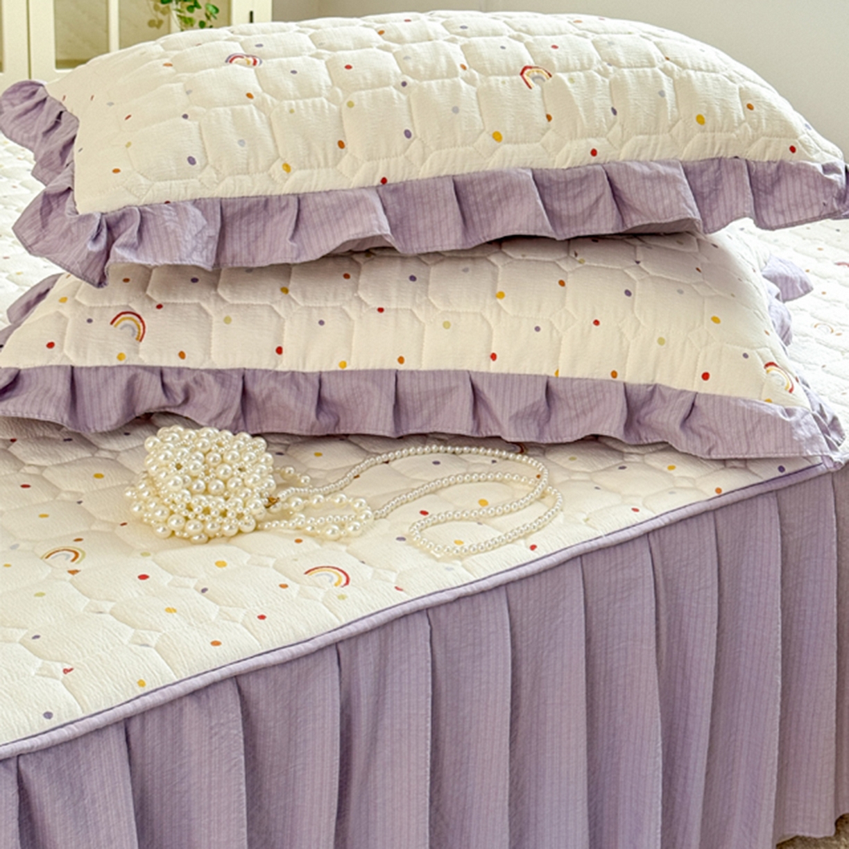 91家纺网 家纺一手货源 找家纺 禧缘家纺（原梦想家） 2026新款小清新皱皱纱木棉床裙式床笠印花单枕套 彩虹