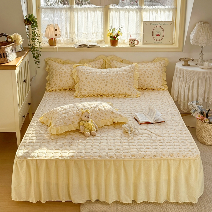 91家纺网 家纺一手货源 找家纺 禧缘家纺（原梦想家） 2026新款小清新皱皱纱木棉床裙式床笠印花单枕套 沐春