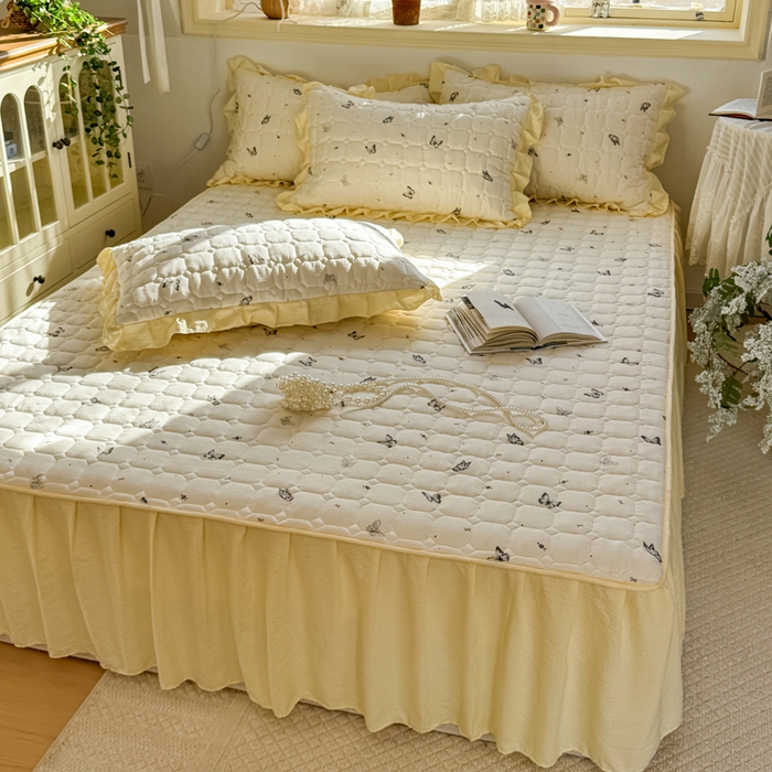 91家纺网 家纺一手货源 找家纺 禧缘家纺（原梦想家） 2026新款小清新皱皱纱木棉床裙式床笠印花单枕套 蝶梦