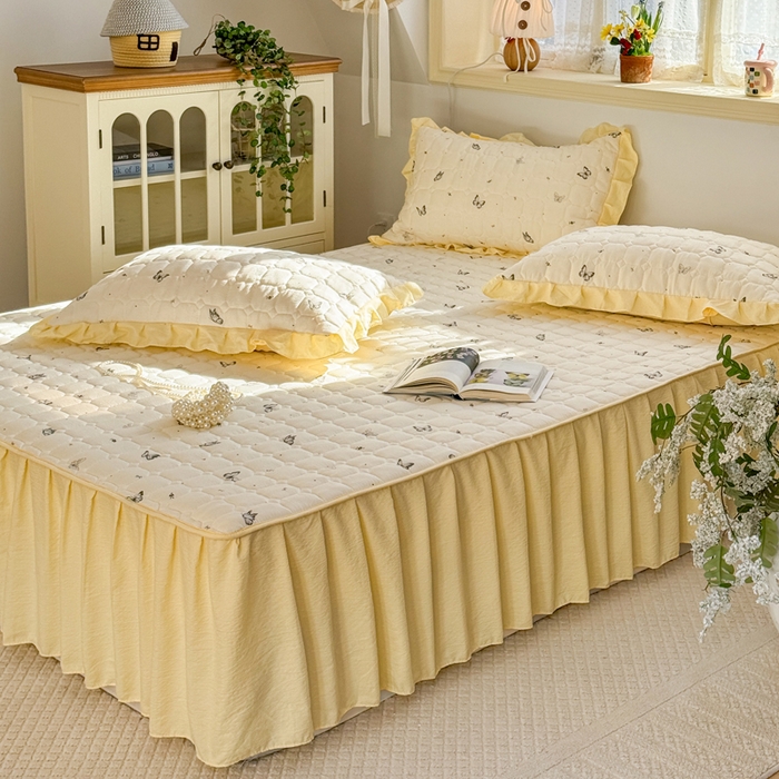 91家纺网 家纺一手货源 找家纺 禧缘家纺（原梦想家） 2026新款小清新皱皱纱木棉床裙式床笠印花单枕套 蝶梦