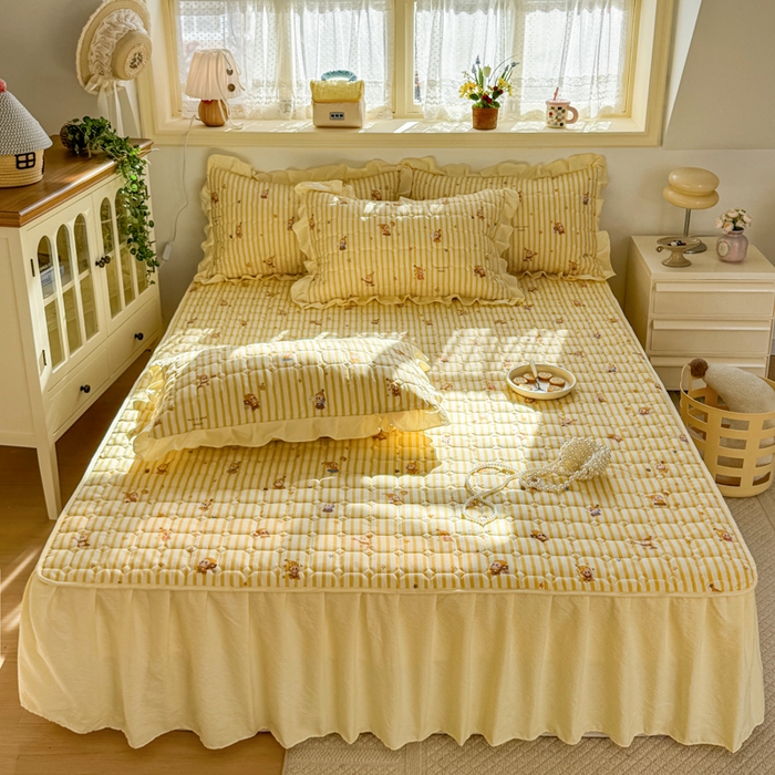 91家纺网 家纺一手货源 找家纺 禧缘家纺（原梦想家） 2026新款小清新皱皱纱木棉床裙式床笠印花单枕套 星星