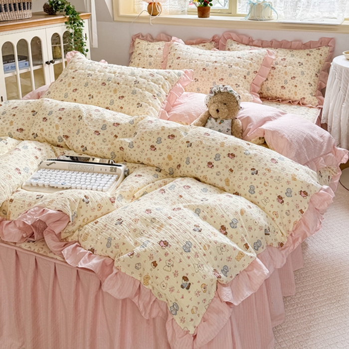 91家纺网 家纺一手货源 找家纺 （总）禧缘家纺（原梦想家） 2026新款小清新皱皱纱木棉床裙式床笠印花单被套