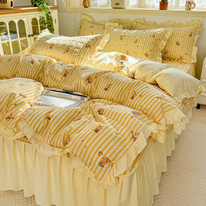 91家纺网 家纺一手货源 找家纺 （总）禧缘家纺（原梦想家） 2026新款小清新皱皱纱木棉床裙式床笠印花单被套