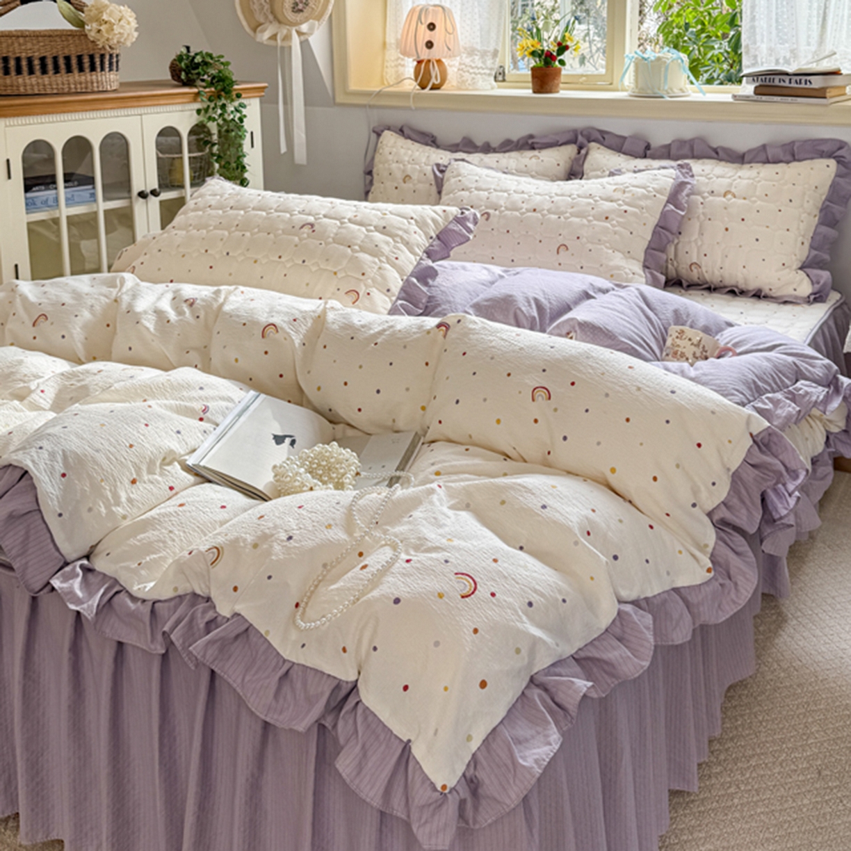 91家纺网 家纺一手货源 找家纺 （总）禧缘家纺（原梦想家） 2026新款小清新皱皱纱木棉床裙式床笠印花单被套,彩虹,蝶梦,花田,沐春,南瓜,泡芙,甜筒,童话,兔兔,雾迟,星星,月光