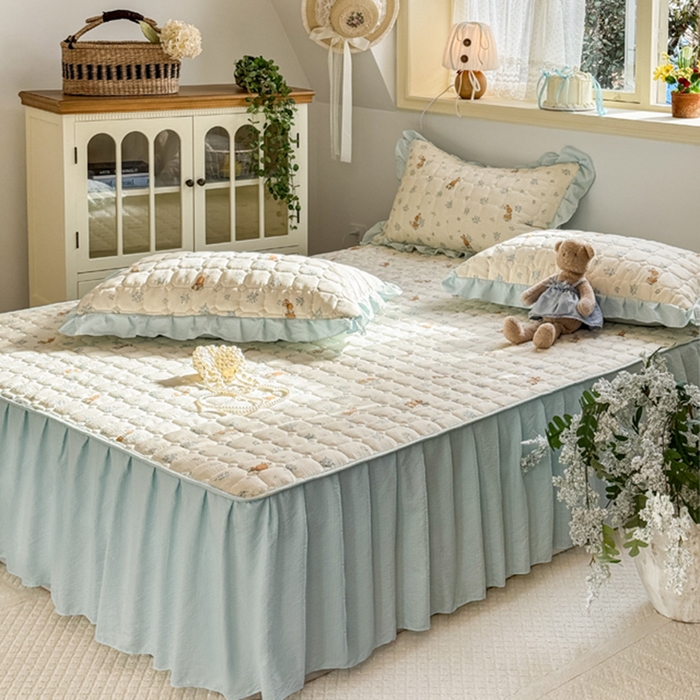 91家纺网 家纺一手货源 找家纺 禧缘家纺（原梦想家） 2026新款小清新皱皱纱木棉床裙式床笠印花单被套 兔兔