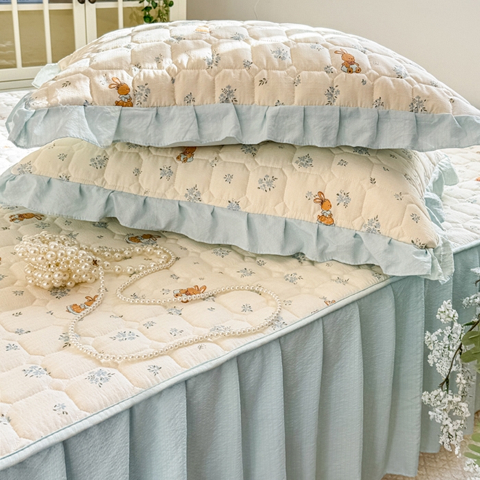 91家纺网 家纺一手货源 找家纺 禧缘家纺（原梦想家） 2026新款小清新皱皱纱木棉床裙式床笠印花单被套 兔兔