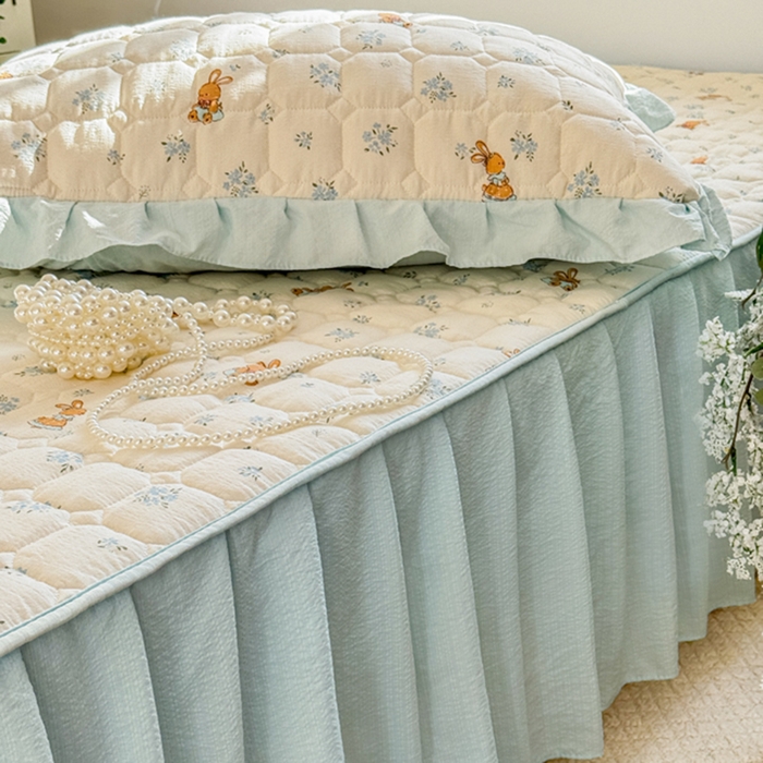 91家纺网 家纺一手货源 找家纺 禧缘家纺（原梦想家） 2026新款小清新皱皱纱木棉床裙式床笠印花单被套 兔兔