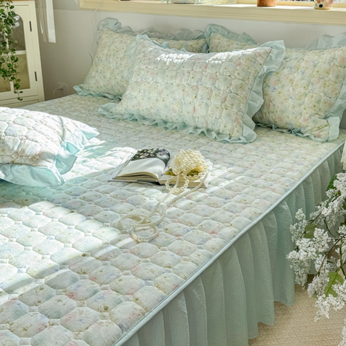 91家纺网 家纺一手货源 找家纺 禧缘家纺（原梦想家） 2026新款小清新皱皱纱木棉床裙式床笠印花单被套 月光