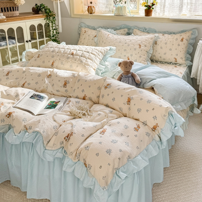 禧缘家纺（原梦想家） 2026新款小清新皱皱纱木棉床裙式床笠印花单被套 兔兔