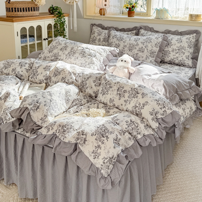 禧缘家纺（原梦想家） 2026新款小清新皱皱纱木棉床裙式床笠印花单被套 雾迟