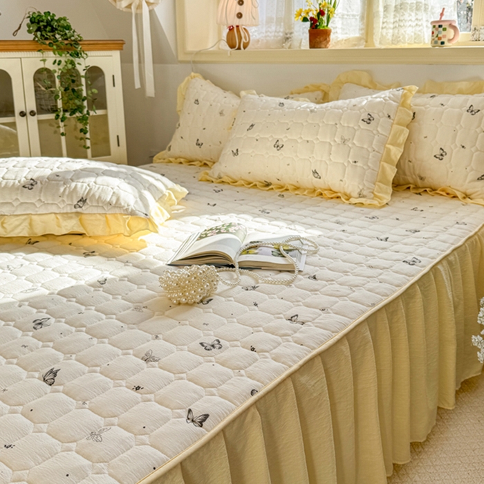 91家纺网 家纺一手货源 找家纺 禧缘家纺（原梦想家） 2026新款小清新皱皱纱木棉床裙式床笠印花单被套 蝶梦