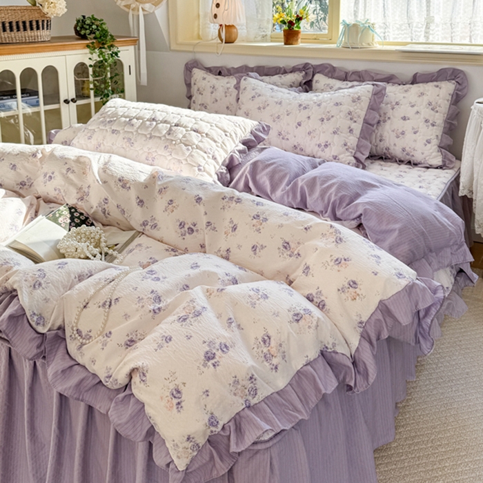 禧缘家纺（原梦想家） 2026新款小清新皱皱纱木棉床裙式床笠印花单被套 花田