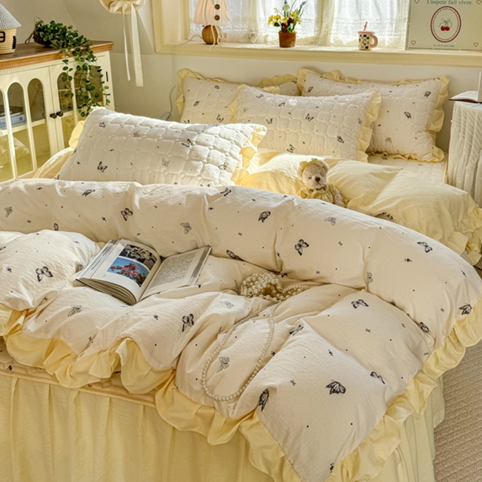 禧缘家纺（原梦想家） 2026新款小清新皱皱纱木棉床裙式床笠印花单被套 蝶梦