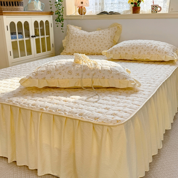 91家纺网 家纺一手货源 找家纺 禧缘家纺（原梦想家） 2026新款小清新皱皱纱木棉床裙式床笠印花单被套 沐春