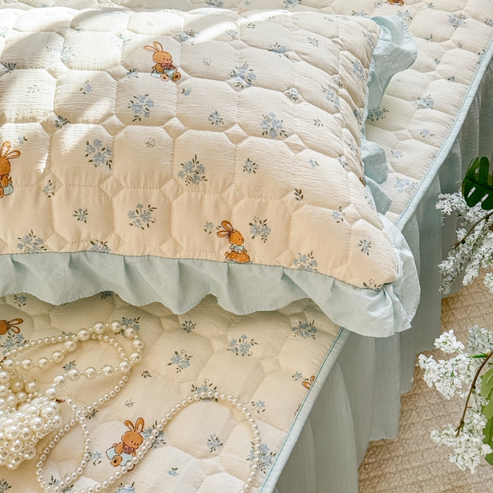 91家纺网 家纺一手货源 找家纺 禧缘家纺（原梦想家） 2026新款小清新皱皱纱木棉床裙式床笠印花单被套 兔兔