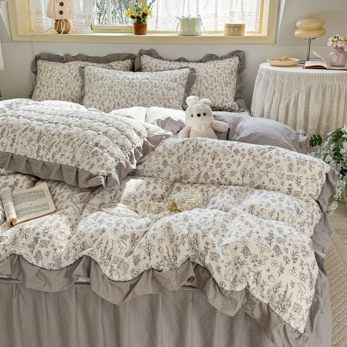 91家纺网 家纺一手货源 找家纺 禧缘家纺（原梦想家） 2026新款小清新皱皱纱木棉床裙式床笠印花单被套 童话