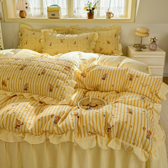 91家纺网 家纺一手货源 找家纺 禧缘家纺（原梦想家） 2026新款小清新皱皱纱木棉床裙式床笠印花单被套 星星