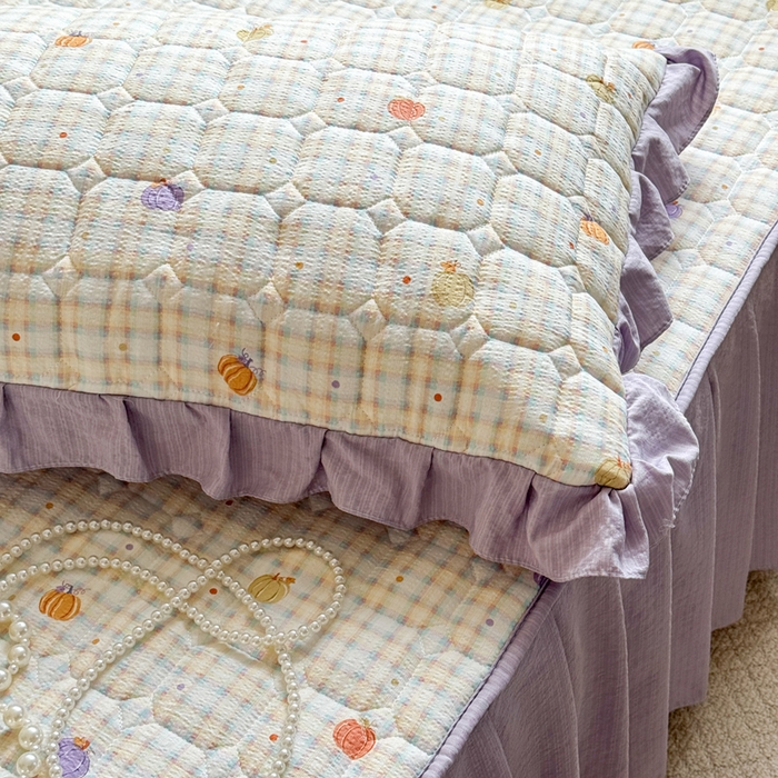 91家纺网 家纺一手货源 找家纺 禧缘家纺（原梦想家） 2026新款小清新皱皱纱木棉床裙式床笠印花单被套 南瓜