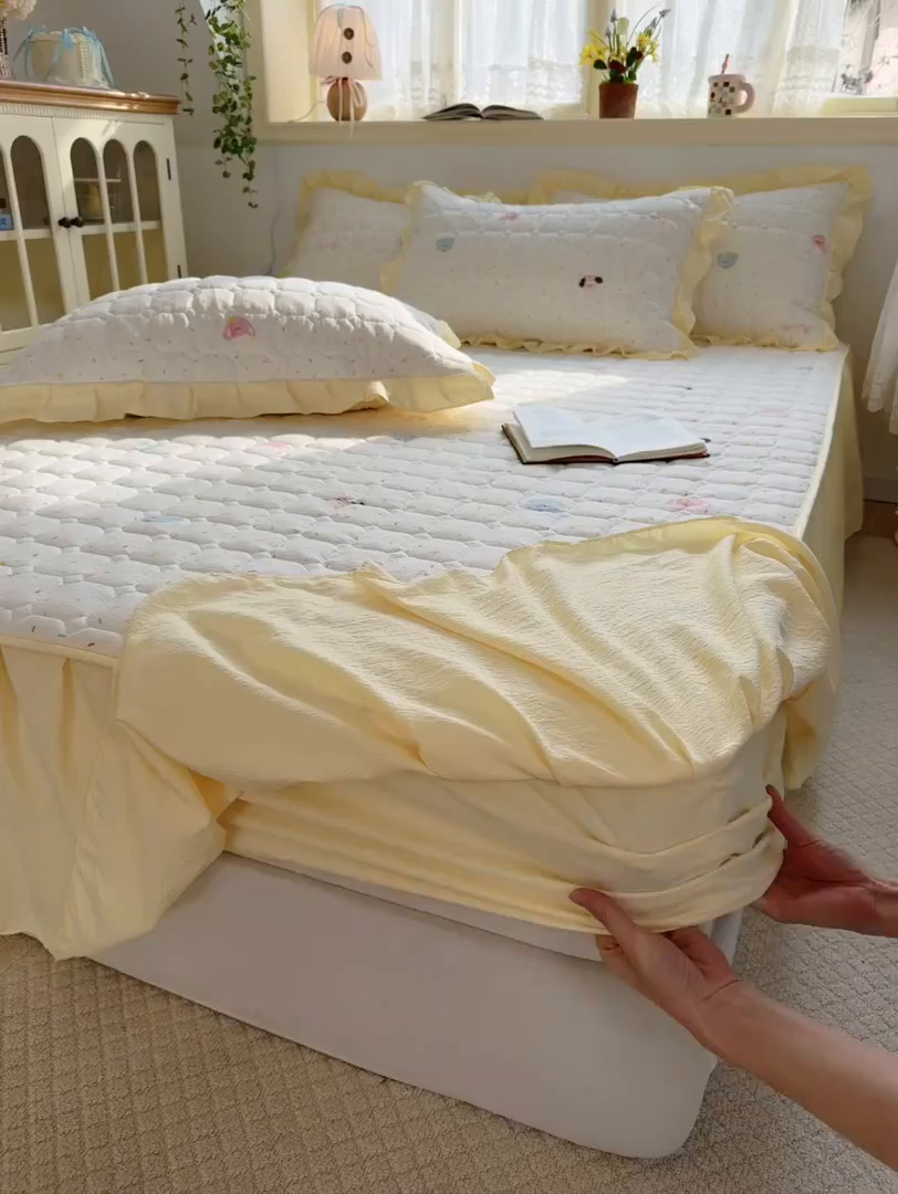 91家纺网 家纺一手货源 找家纺 禧缘家纺（原梦想家） 2026新款小清新皱皱纱木棉床裙式床笠印花单被套 甜筒