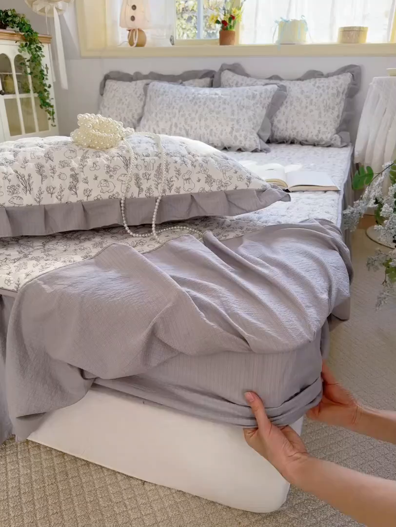 91家纺网 家纺一手货源 找家纺 禧缘家纺（原梦想家） 2026新款小清新皱皱纱木棉床裙式床笠印花单被套 童话