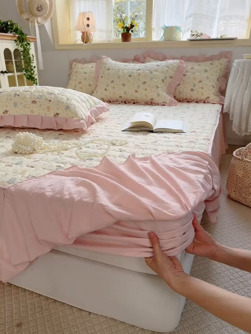 91家纺网 家纺一手货源 找家纺 禧缘家纺（原梦想家） 2026新款小清新皱皱纱木棉床裙式床笠印花单被套 泡芙