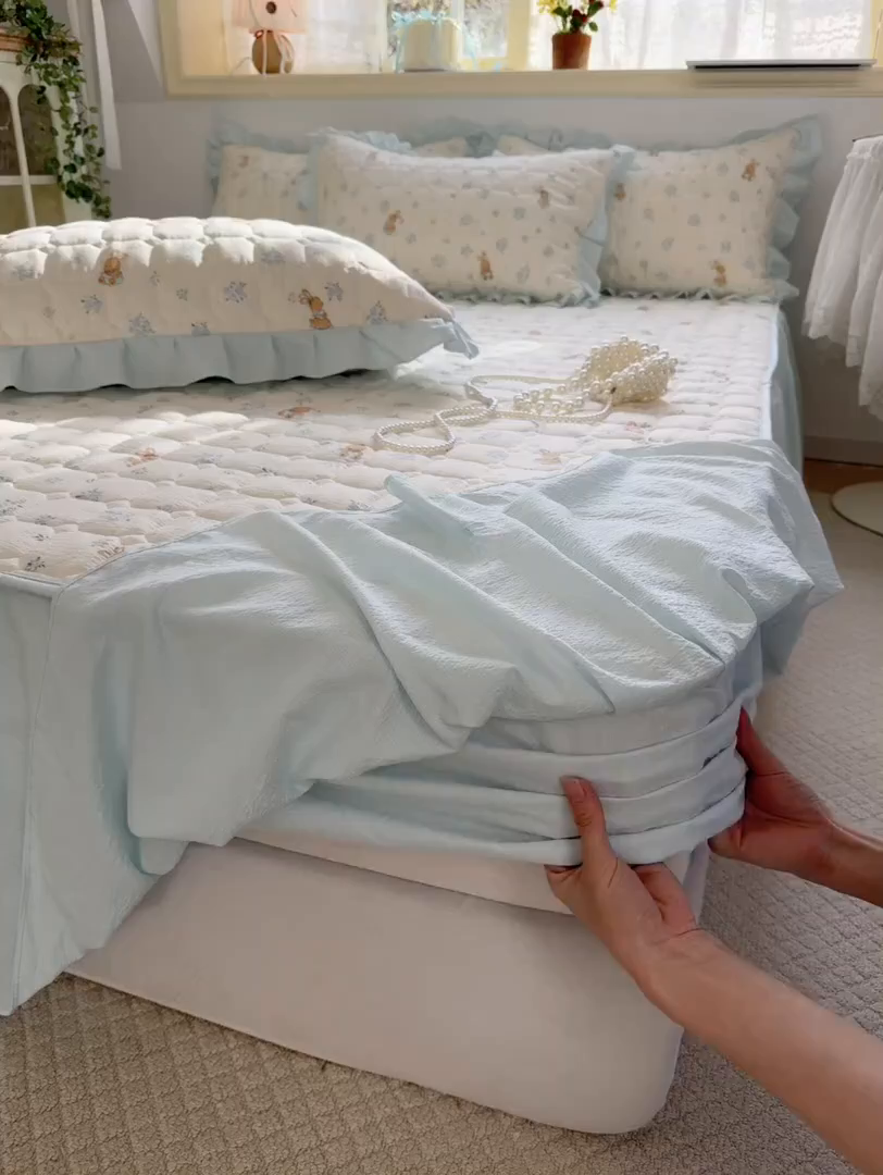 91家纺网 家纺一手货源 找家纺 禧缘家纺（原梦想家） 2026新款小清新皱皱纱木棉床裙式床笠印花单被套 兔兔