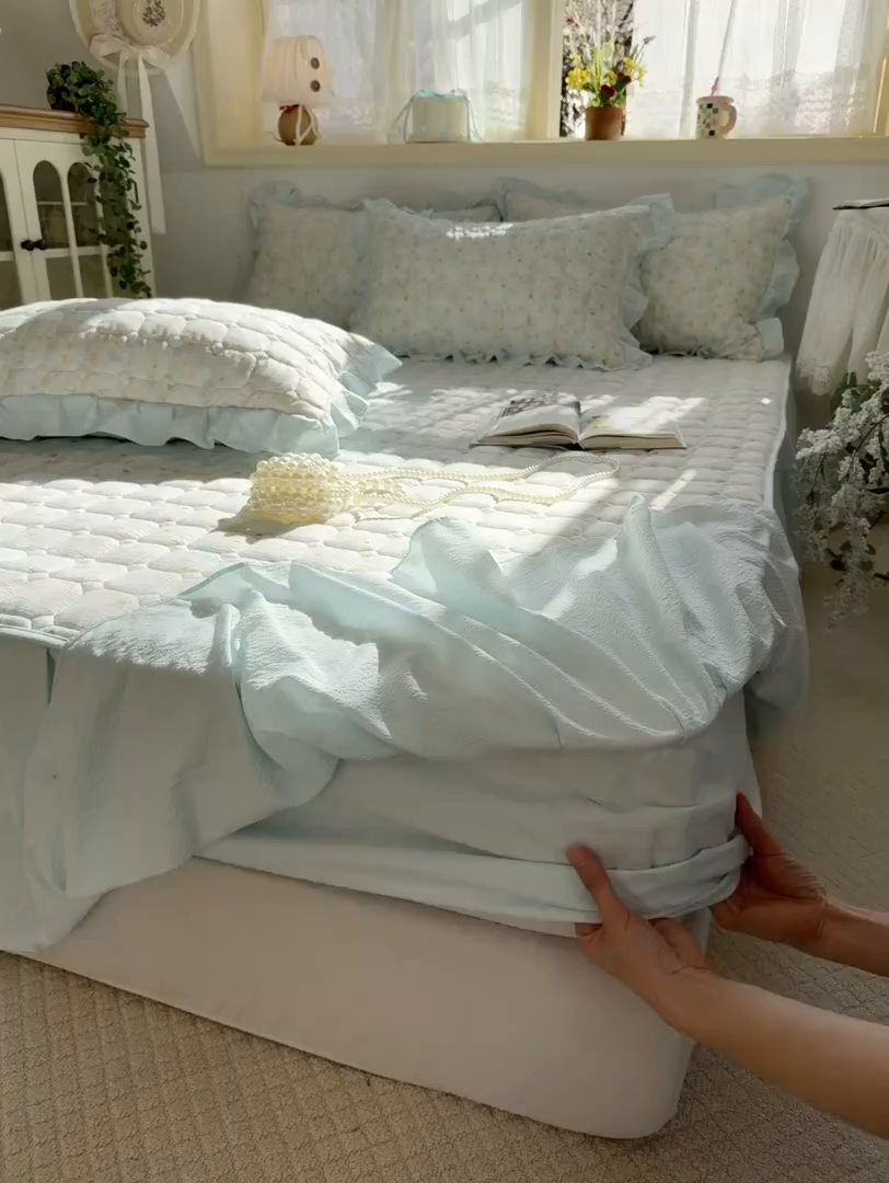 91家纺网 家纺一手货源 找家纺 禧缘家纺（原梦想家） 2026新款小清新皱皱纱木棉床裙式床笠印花单被套 月光