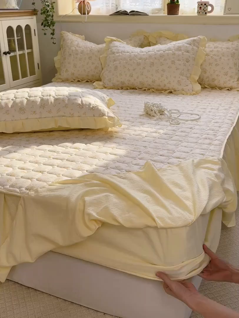 91家纺网 家纺一手货源 找家纺 禧缘家纺（原梦想家） 2026新款小清新皱皱纱木棉床裙式床笠印花单被套 沐春