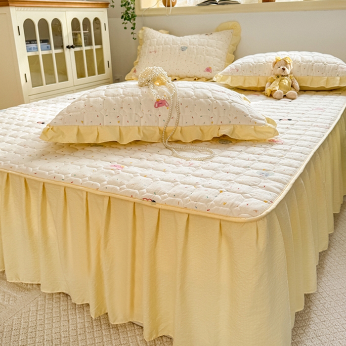 91家纺网 家纺一手货源 找家纺 禧缘家纺（原梦想家） 2026新款小清新皱皱纱木棉床裙式床笠印花三件套 甜筒