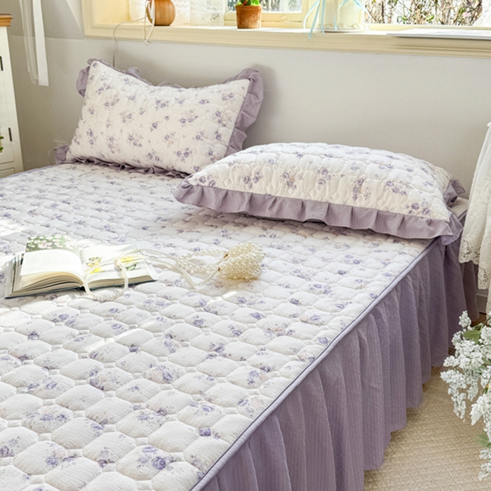 91家纺网 家纺一手货源 找家纺 禧缘家纺（原梦想家） 2026新款小清新皱皱纱木棉床裙式床笠印花三件套 花田