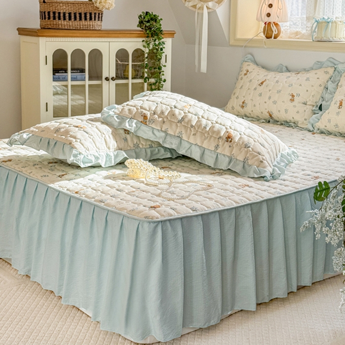 91家纺网 家纺一手货源 找家纺 禧缘家纺（原梦想家） 2026新款小清新皱皱纱木棉床裙式床笠印花三件套 兔兔