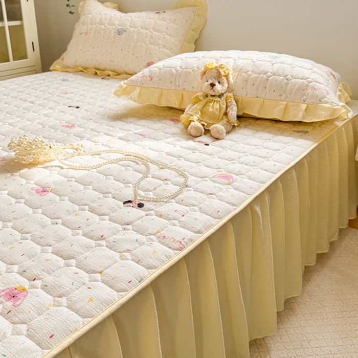 91家纺网 家纺一手货源 找家纺 禧缘家纺（原梦想家） 2026新款小清新皱皱纱木棉床裙式床笠印花三件套 甜筒