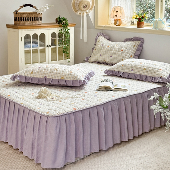 91家纺网 家纺一手货源 找家纺 禧缘家纺（原梦想家） 2026新款小清新皱皱纱木棉床裙式床笠印花三件套 南瓜